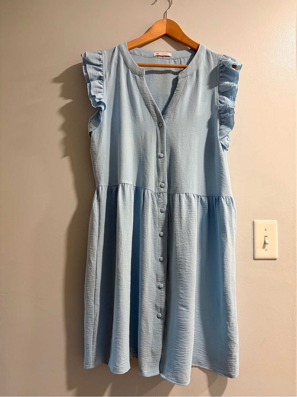 Light Blue Button-Front Midi Dress with Ruffle Sleeves